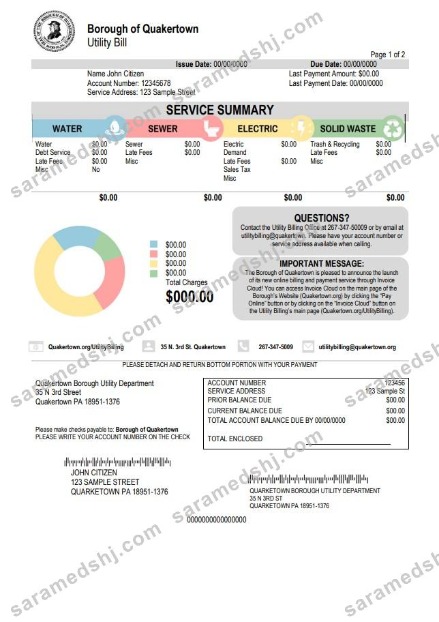 USA Pennsylvania Quakertown Borough utility bill template in Word and PDF format